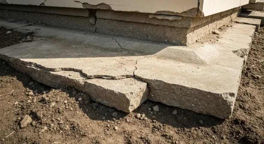 Popękane betonowe fundamenty domu, widoczne uszkodzenia i nierówności.