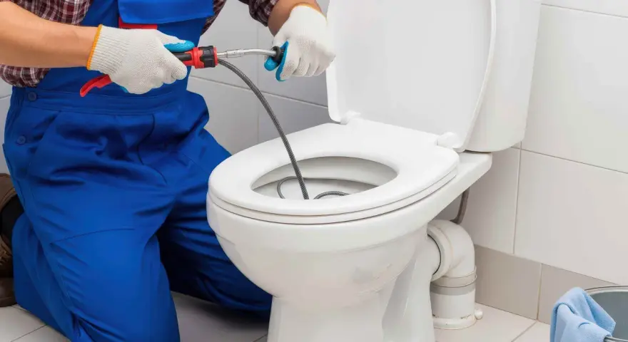 Instalator w niebieskim ogrodniczkach używa przepychacza do udrożnienia rury odpływowej WC.