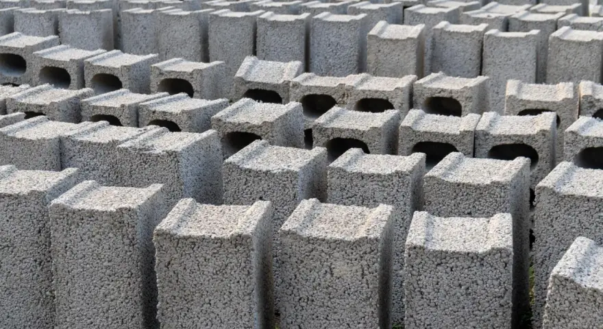 Rzędy betonowych bloczków, gotowych na fundamenty. Wybór między bloczkami z betonu a wylewanymi fundamentami jest kluczowy dla trwałości budowli.