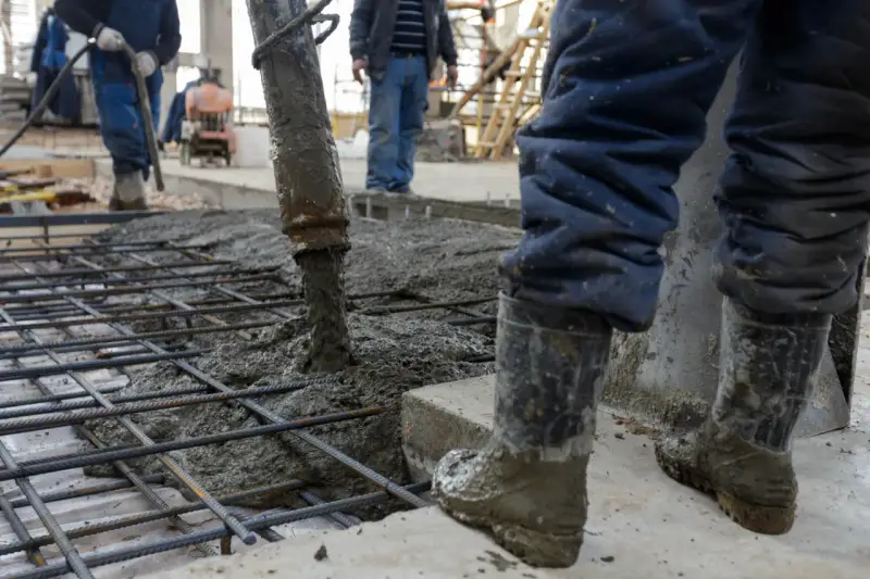 Beton na fundamenty wylewany jest na zbrojenie. Pracownicy w gumowcach nadzorują proces.